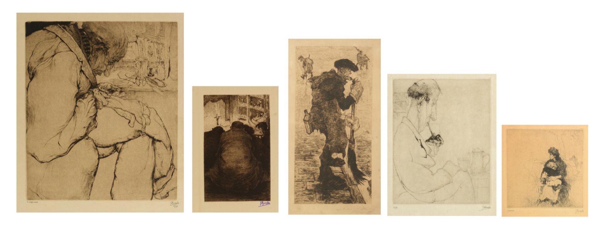 A collection of five signed etchings by Jules De Bruycker, consiting of: 'Le Rapi‚ceur', Nø 12/45, 3