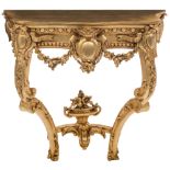 A richly sculpted gilt wooden Neoclassical console, 18thC, H 81 - W 80 - D 50 cm