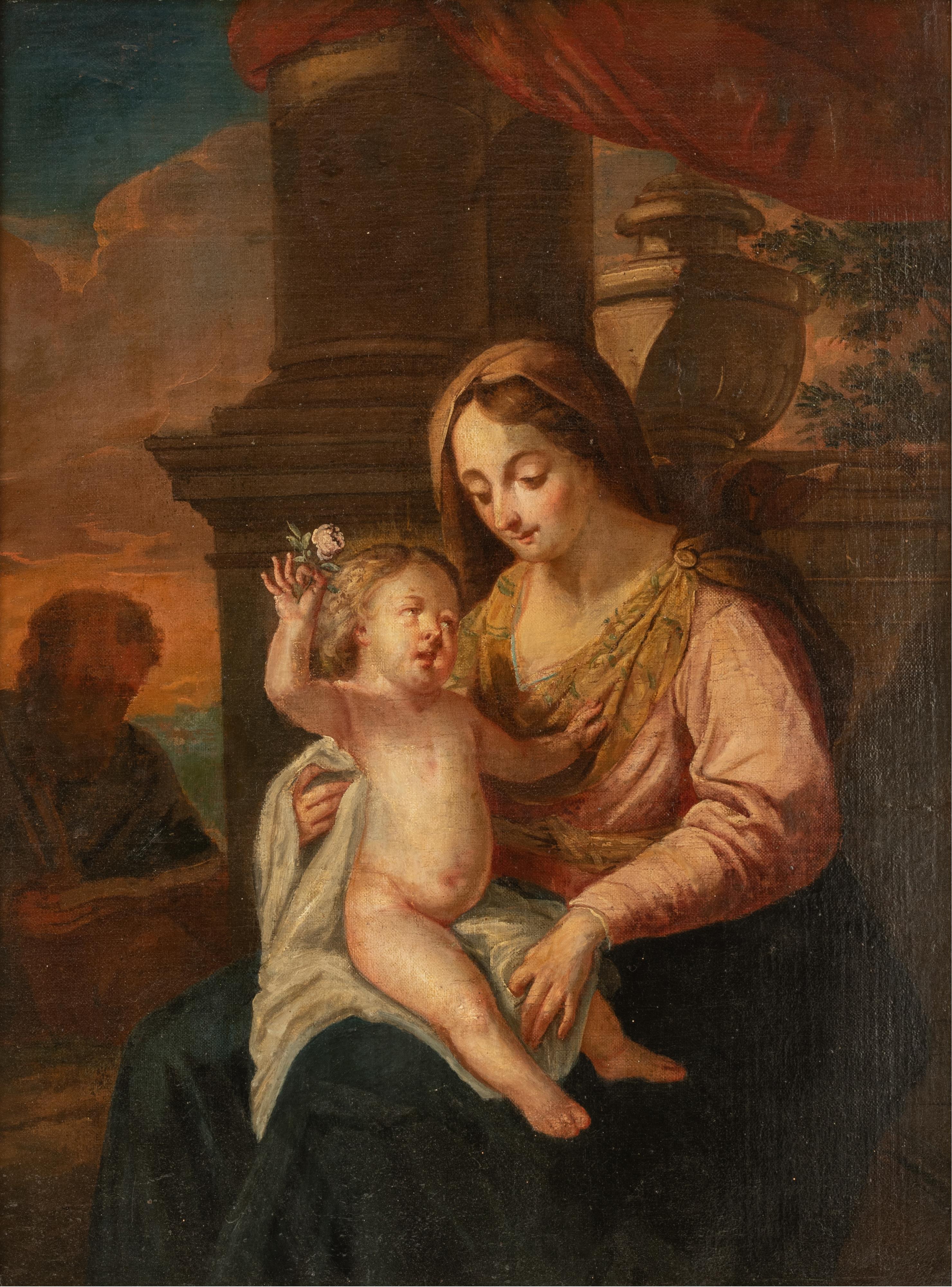 No visible signature, the Madonna holding the Holy Child, accompanied by an Evangelist in the backgr