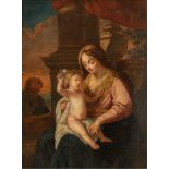 No visible signature, the Madonna holding the Holy Child, accompanied by an Evangelist in the backgr