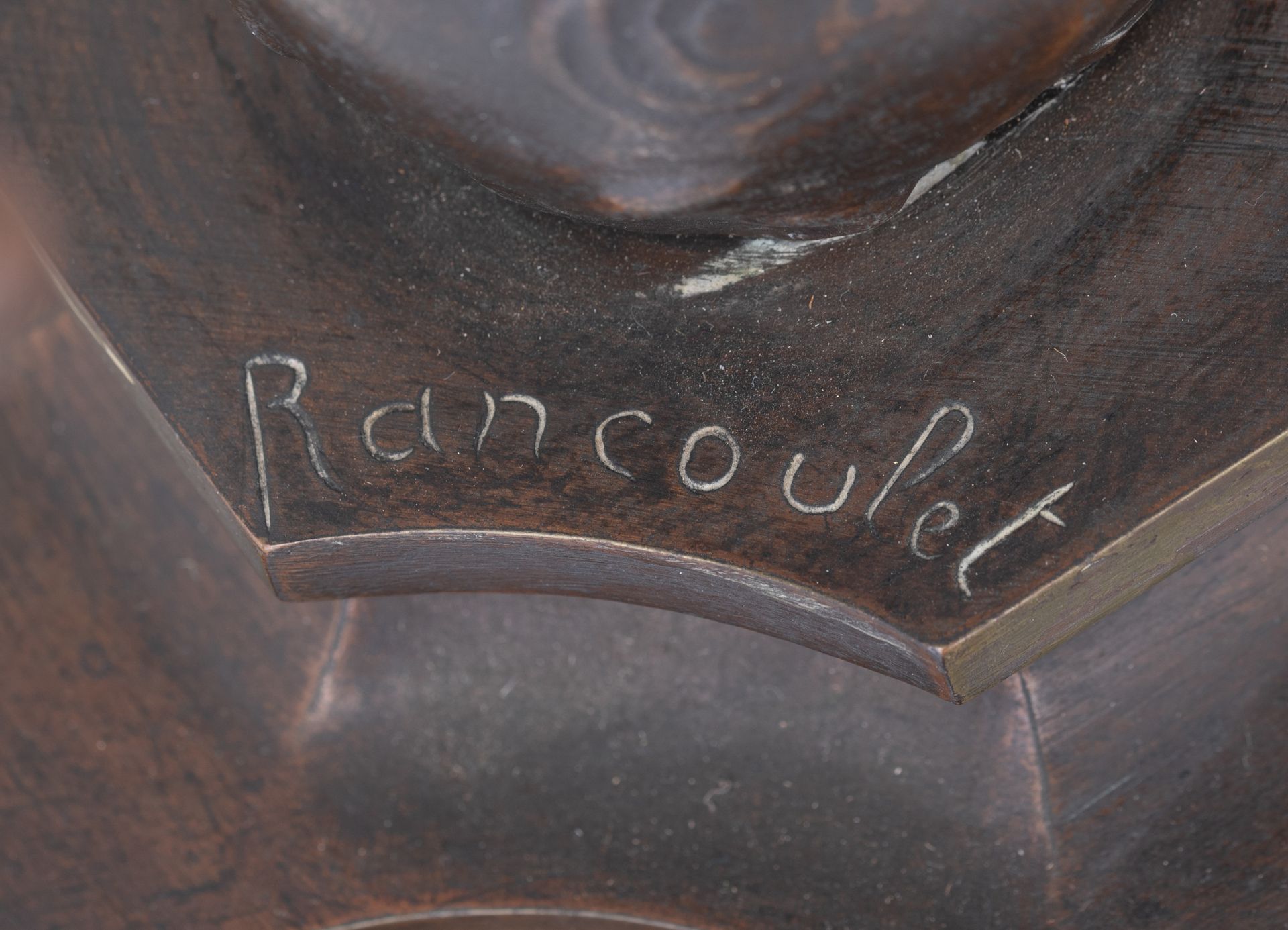 Rancoulet E., a pair of patinated bronze candelabras, titled 'La Nuit tout Repose' and 'Retour du Pr - Image 10 of 17