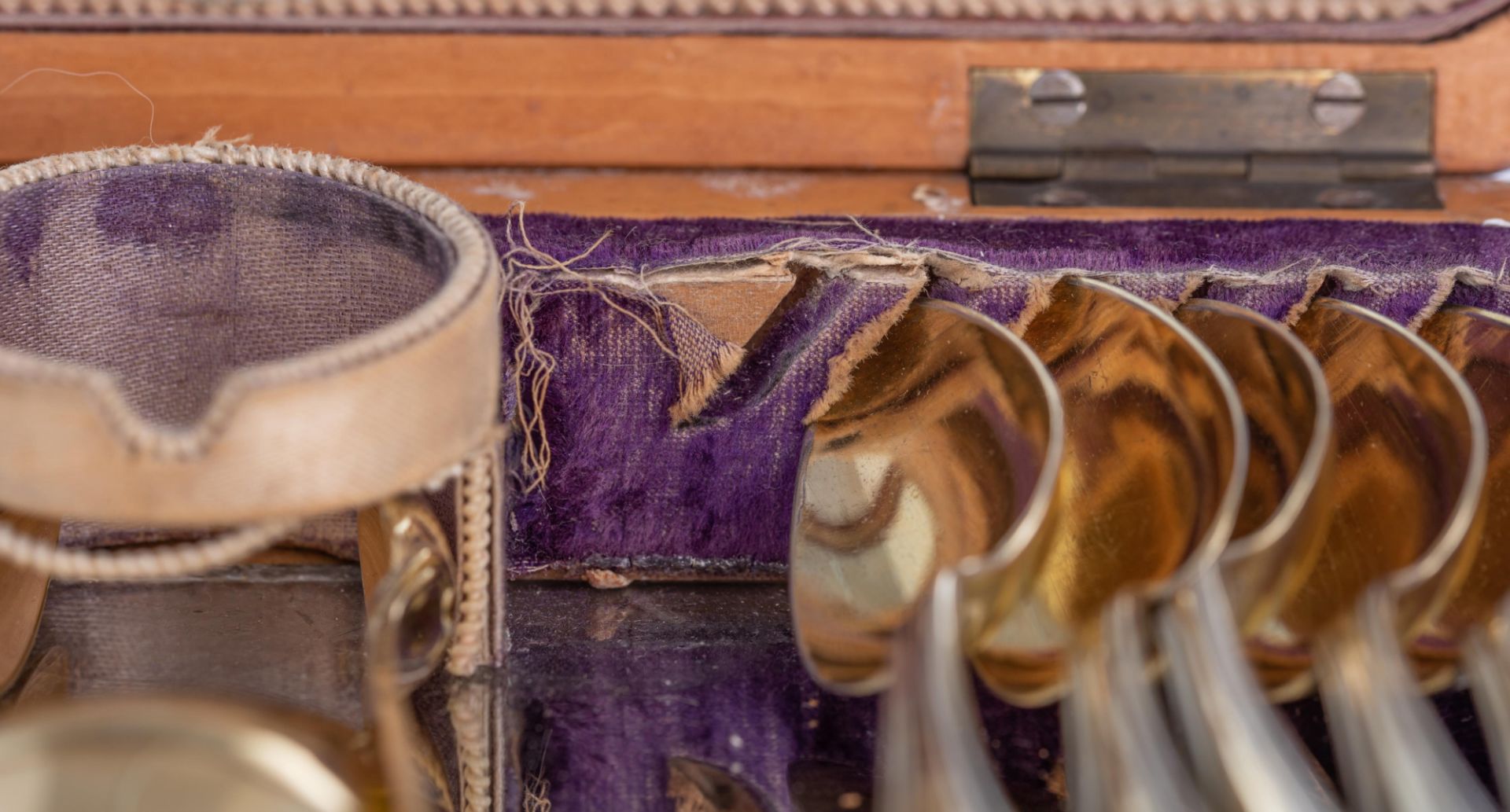 A silver vermeil tea set with 11 spoons, a tea strainer with a coloured glass stem, a spoon and a to - Image 18 of 19