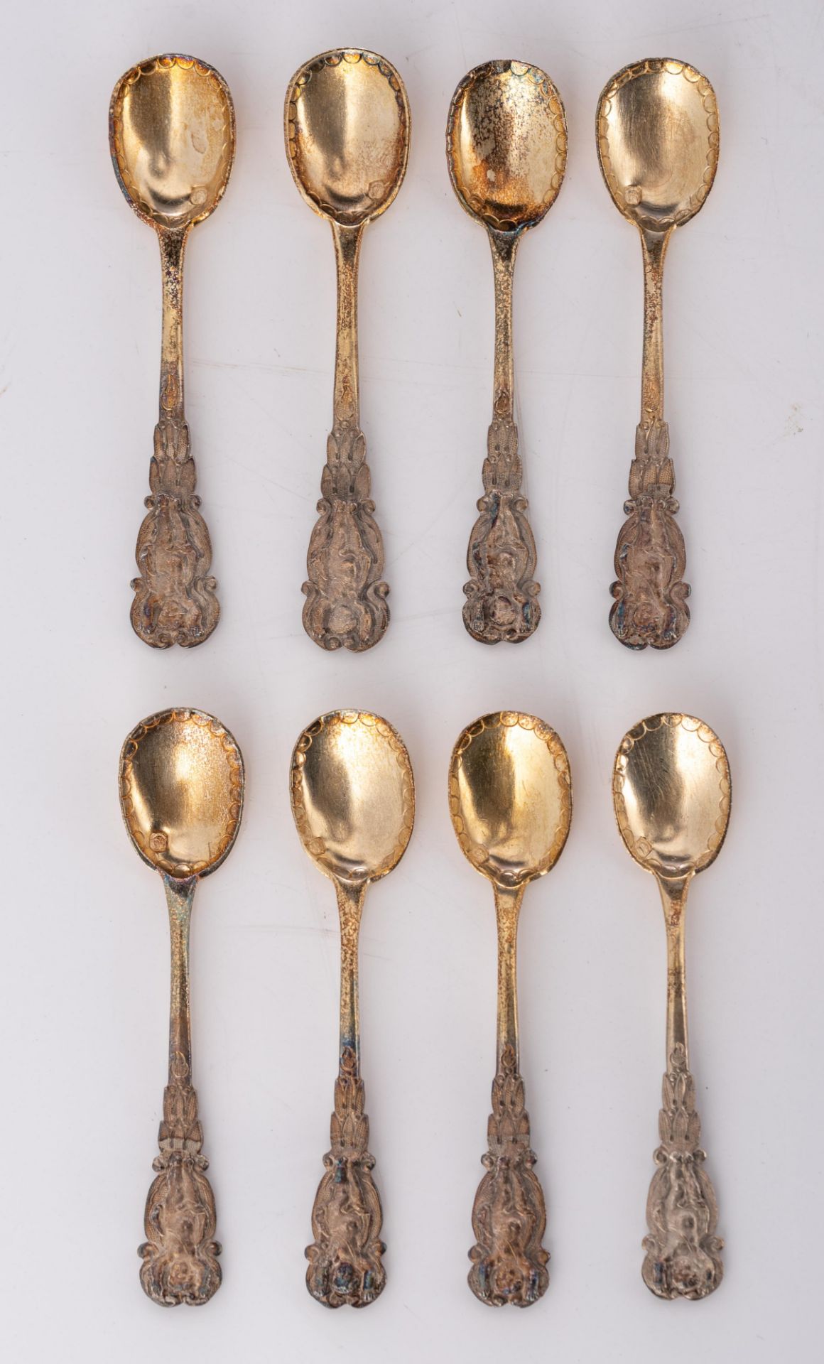 A set of eight Neoclassical silver salts with the blue glass liners and the matching spoons, French - Image 8 of 47