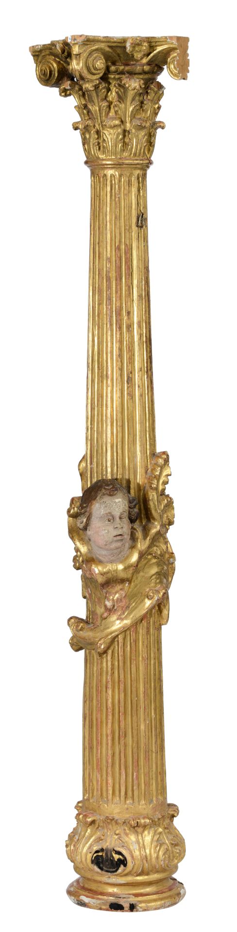 An imposing and finely carved gilt and polychrome painted Neoclassical column with a Corinthian capi