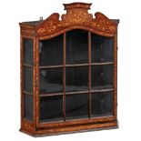 An 18thC Dutch wall display cabinet, decorated with floral mahogany and cherrywood marquetry veneer,