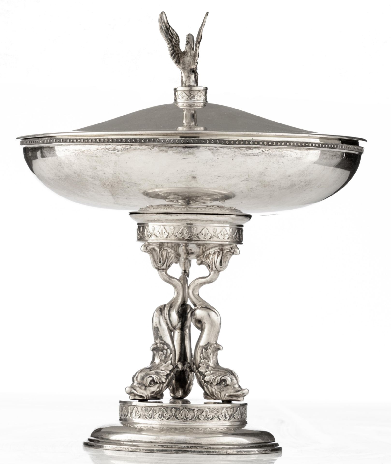 A Neoclassical silver covered tazza, the foot supported by dolphins, with vermeil to the inside, ded - Image 3 of 16