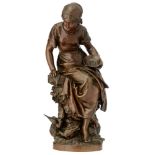 Moreau M., a girl feeding the birds, 'Hors Concours', patinated bronze, H 60 cm