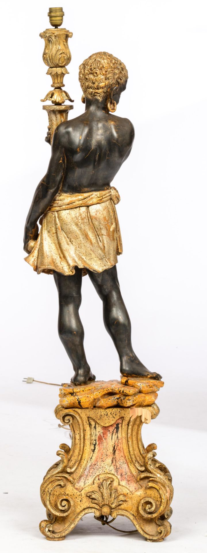 A polychrome and gilt painted blackamoor figure, holding a lamp, H 140 - 173 - W 35 cm - Bild 4 aus 6