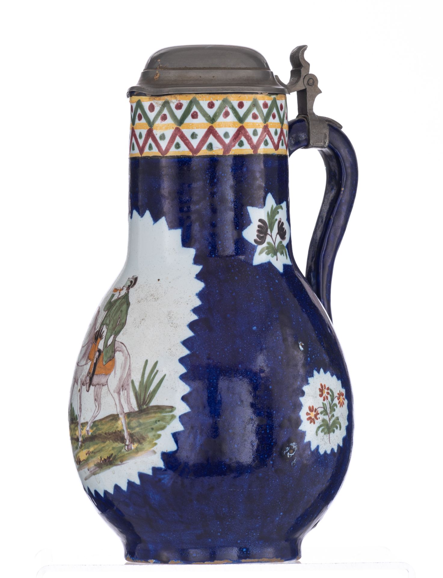 A cobalt glazed and polychrome decorated Brussels pottery jar with pewter mount, the roundel depicti - Image 5 of 8