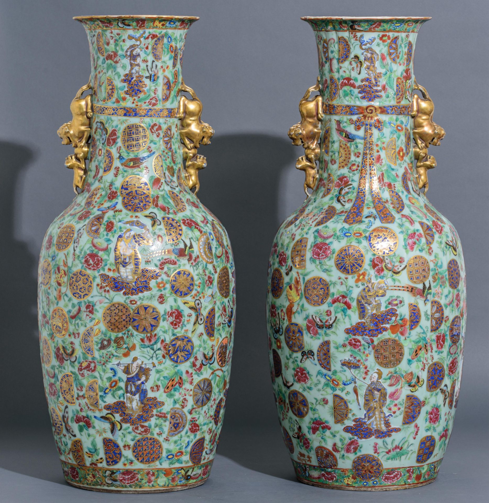 A pair of Chinese Canton famille rose on celadon ground vases, all over decorated with the Eight Imm - Bild 10 aus 21