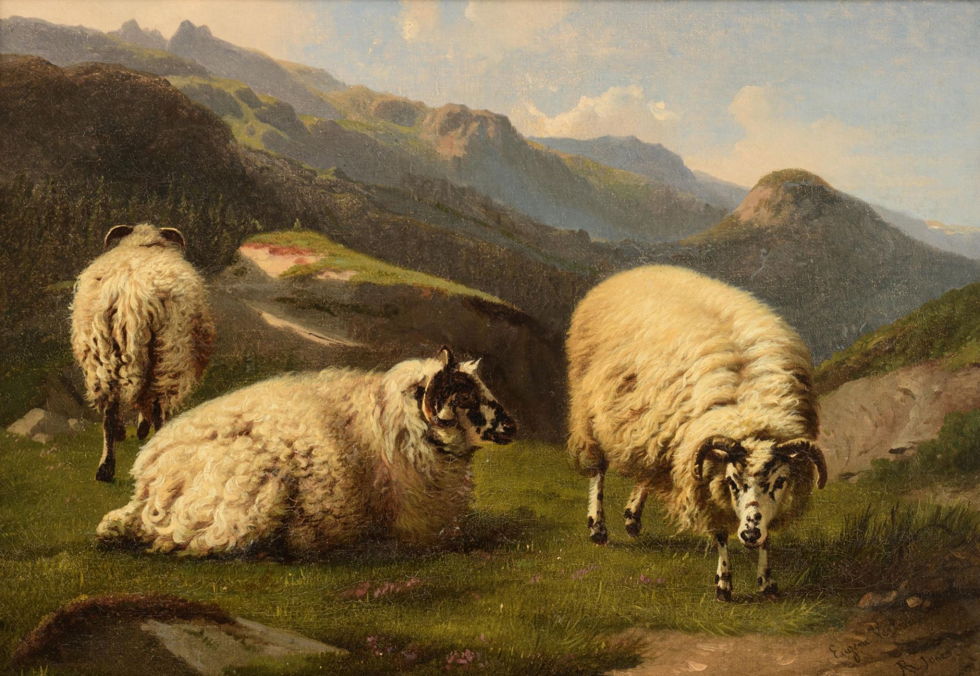 (Verboeckhoven E.) and Jones R., sheep in a mountainous landscape, oil on canvas, 39,5 x 56,5 cm - Image 2 of 8