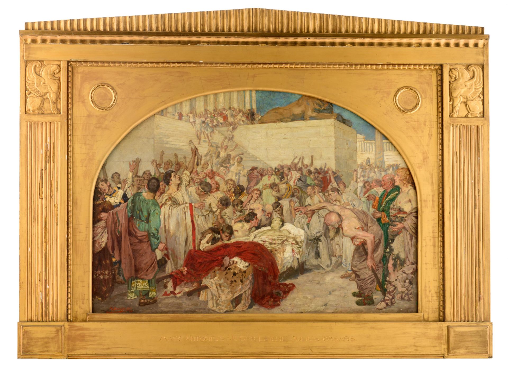 Seuffert R., 'Marc Antonius an der Leiche Julius C„sars', dated (19)06 (?), oil on canvas in a gilt