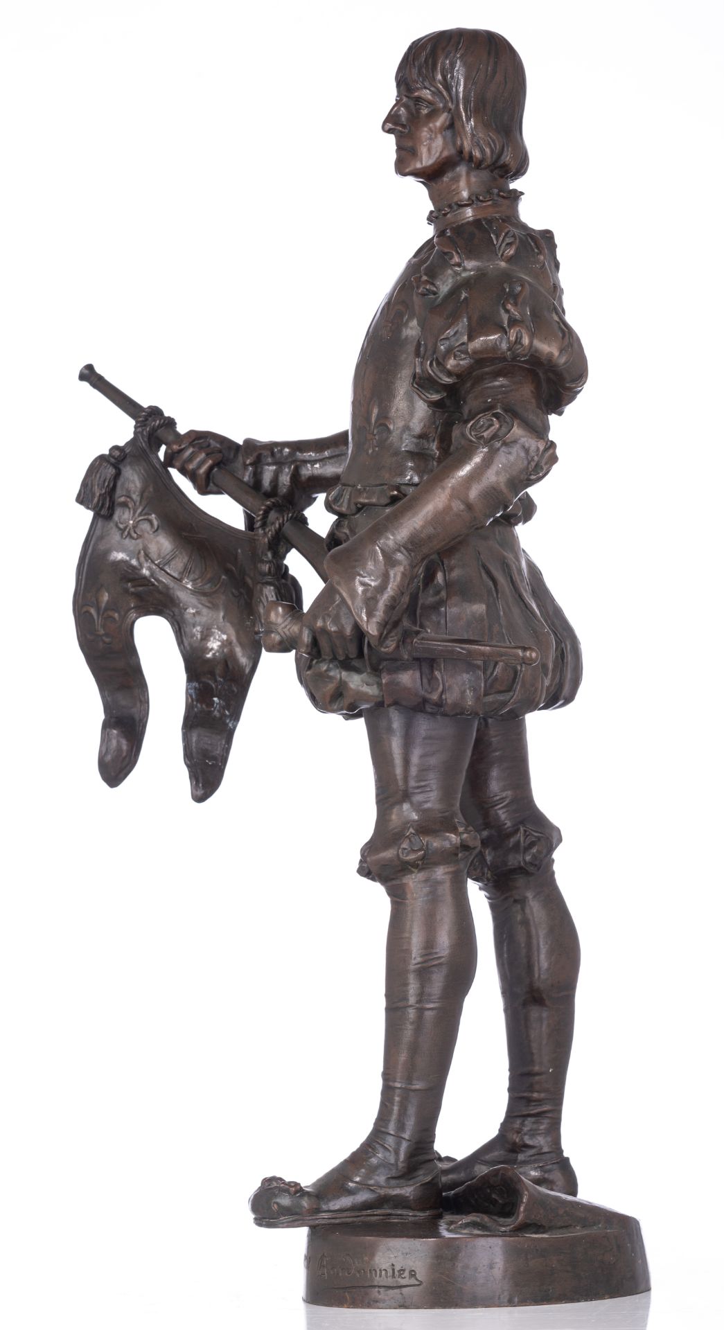 Cordonnier A., 'Heraut d'Armes XVe SiŠcle (Hotel de Ville de Paris)', patinated bronze, H 90 cm - Image 3 of 8