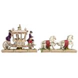 A polychrome and gilt decorated Saxony porcelain group of an abundantly decorated Rococo carriage, m