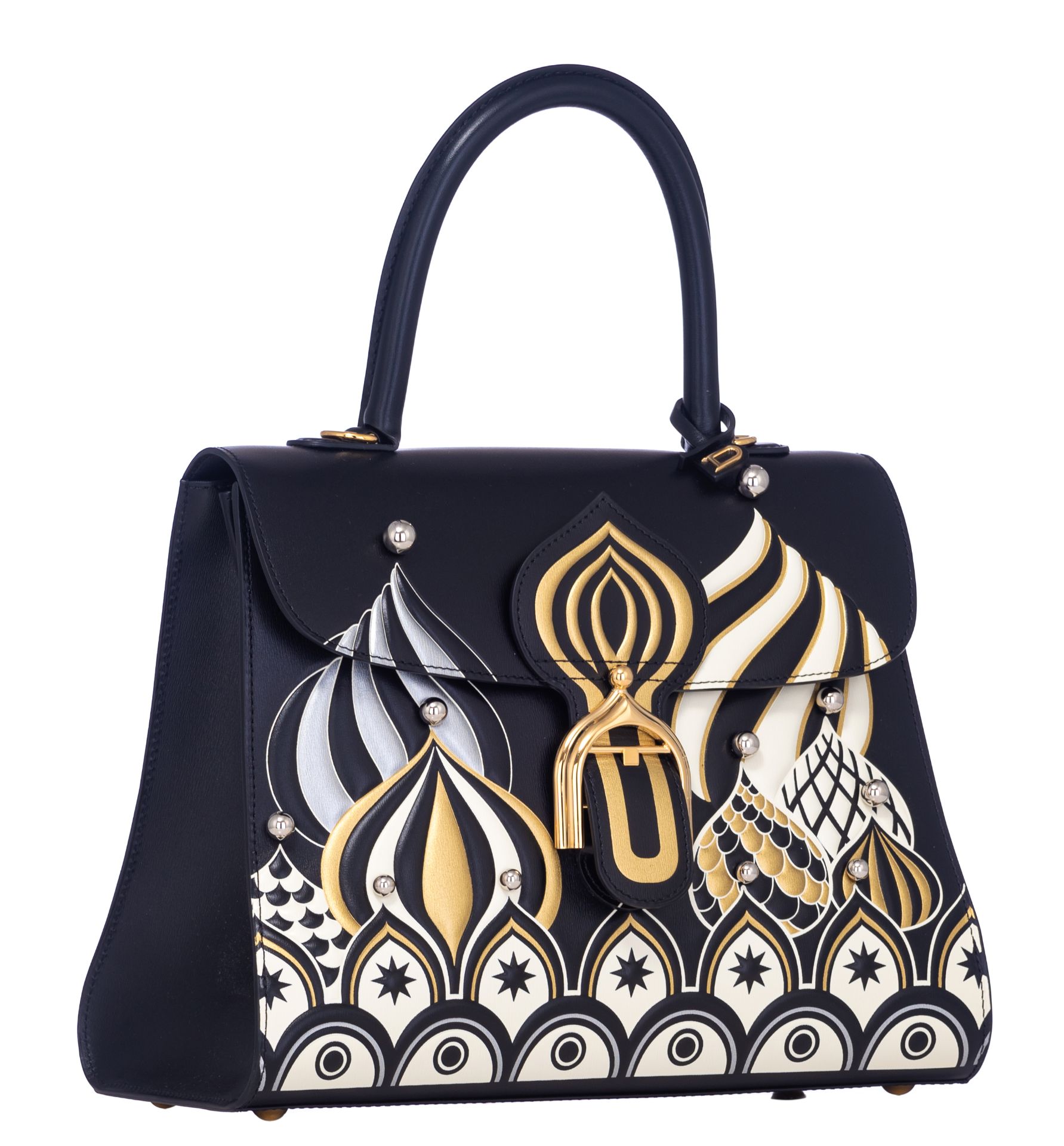 A black leather Delvaux Brillant Bolshoi MMS 'Winter Rhapsody' handbag, displaying Slavic winter lan