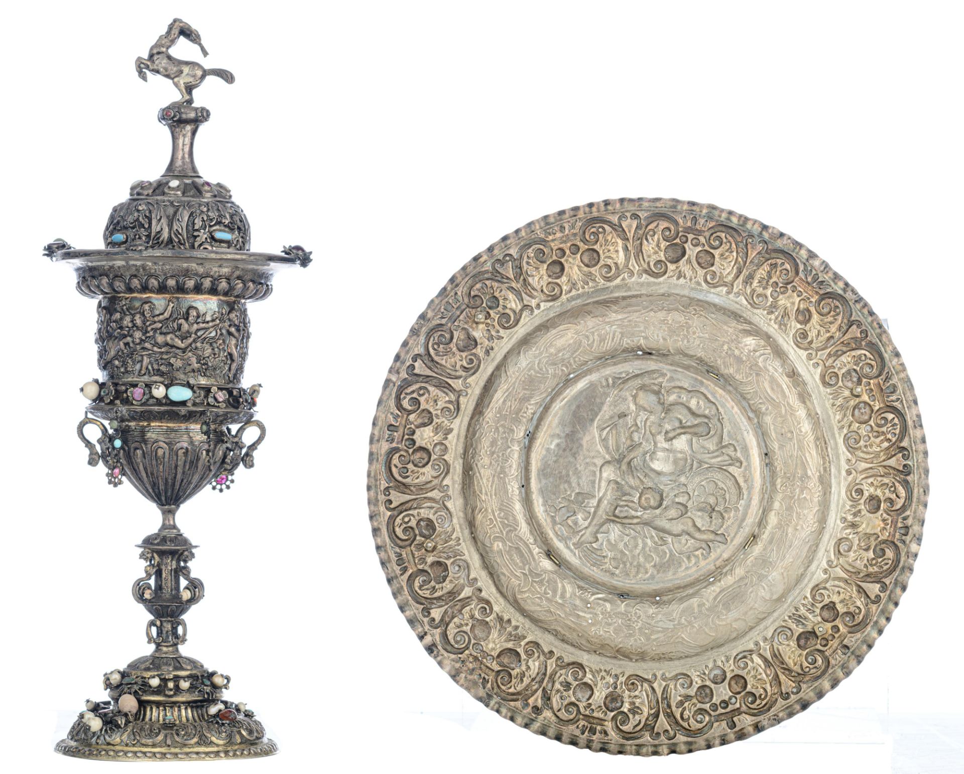 A richly decorated Renaissance style presentation cup on a matching platter, all over decorated by t - Image 2 of 13