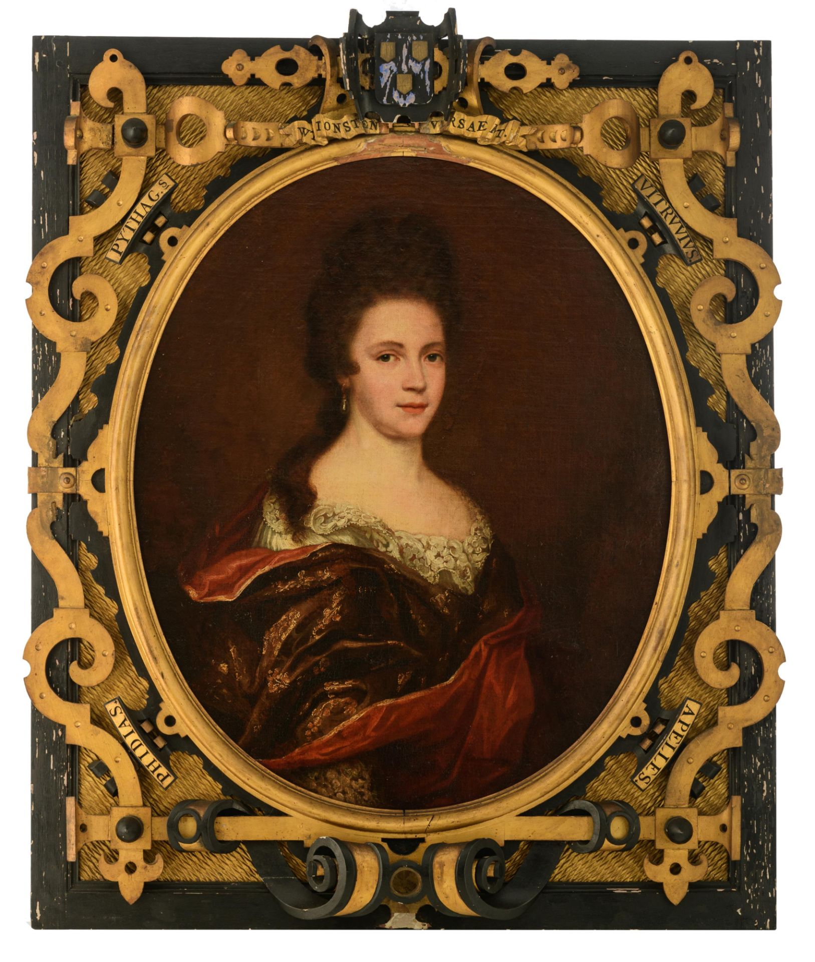 No visible signature, the medallion portrait of a lady wearing a lace corsage, late 17thC, English,