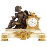 A fine Carrara marble, gilt and patinated bronze mantle clock, with on top an allegory on literature