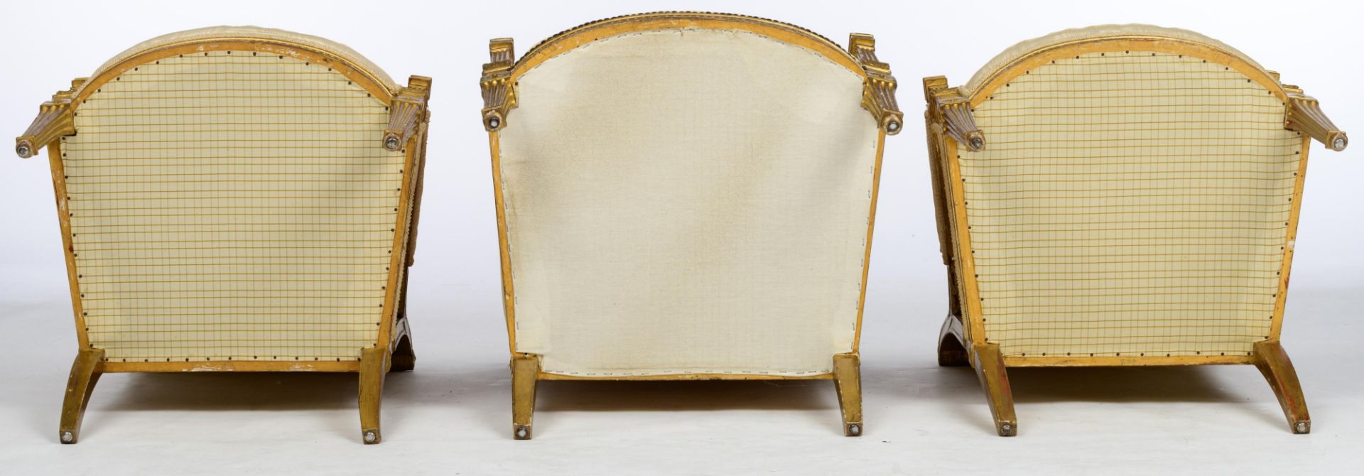 A gilt wooden French Directoire set of two armchairs and one 'bergŠre', 1795 - 1799, H 93 - W 58 - 6 - Image 8 of 14