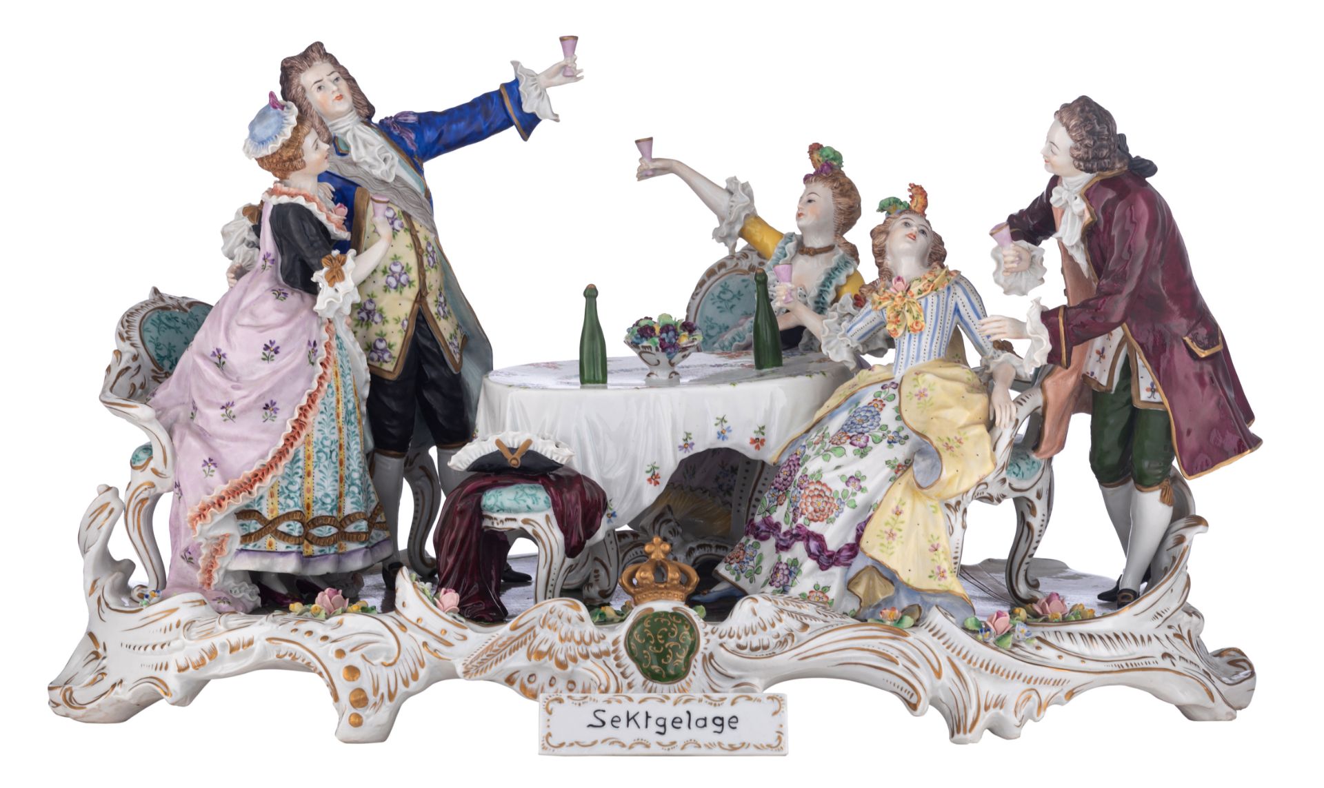 A large polychrome and gilt decorated Saxony porcelain group, titled 'Sektgelage', depicting the hig