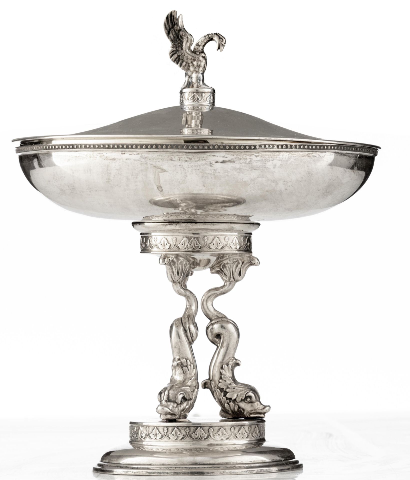 A Neoclassical silver covered tazza, the foot supported by dolphins, with vermeil to the inside, ded - Image 4 of 16