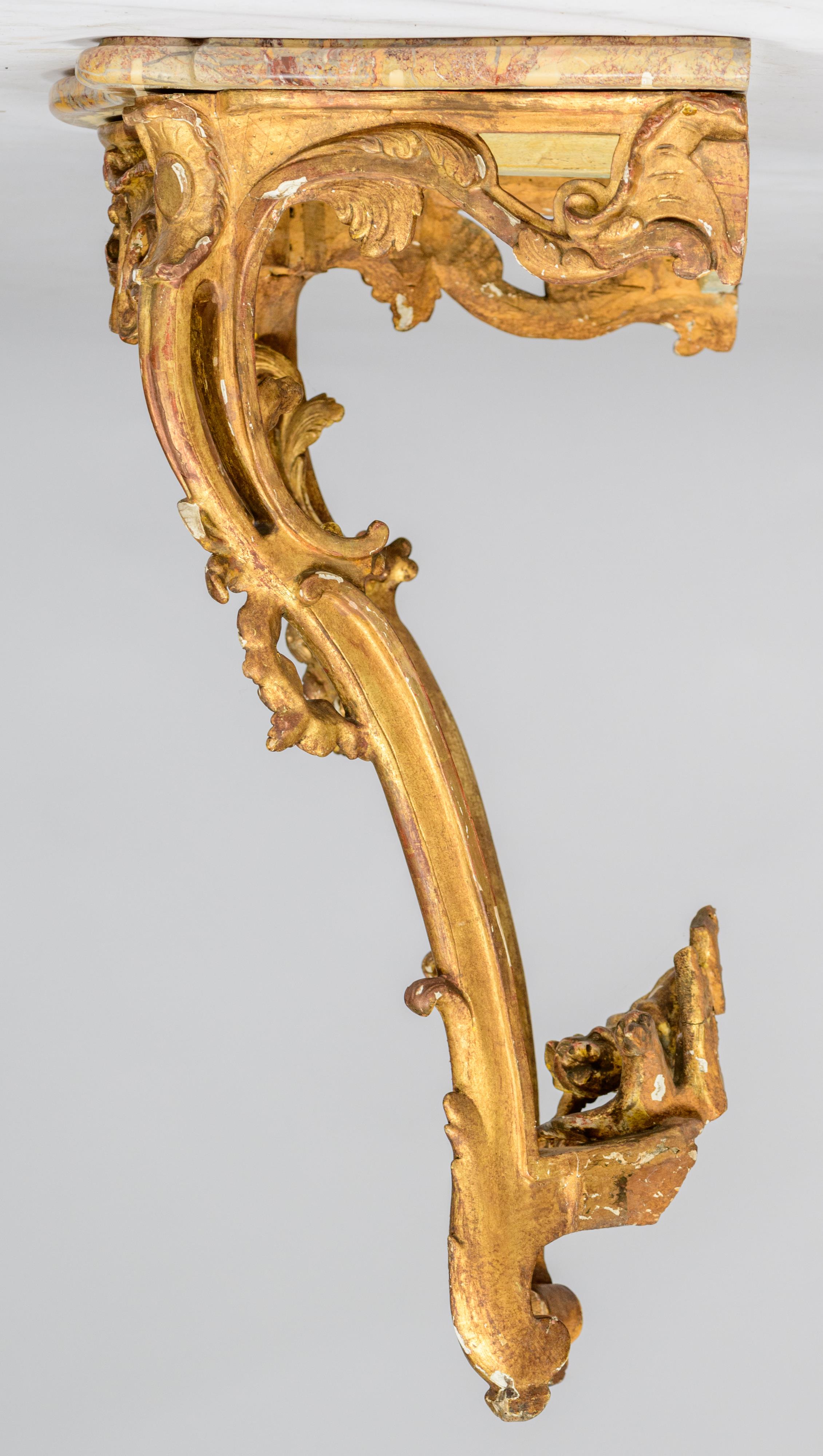 A gilt wooden Rococo console table, the bottom decorated with a carved scene of a dog chasing a duck - Image 3 of 9