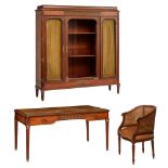 A Neoclassical mahogany veneered bureau set, consisting of a 'bureau plat', a matching armchair with
