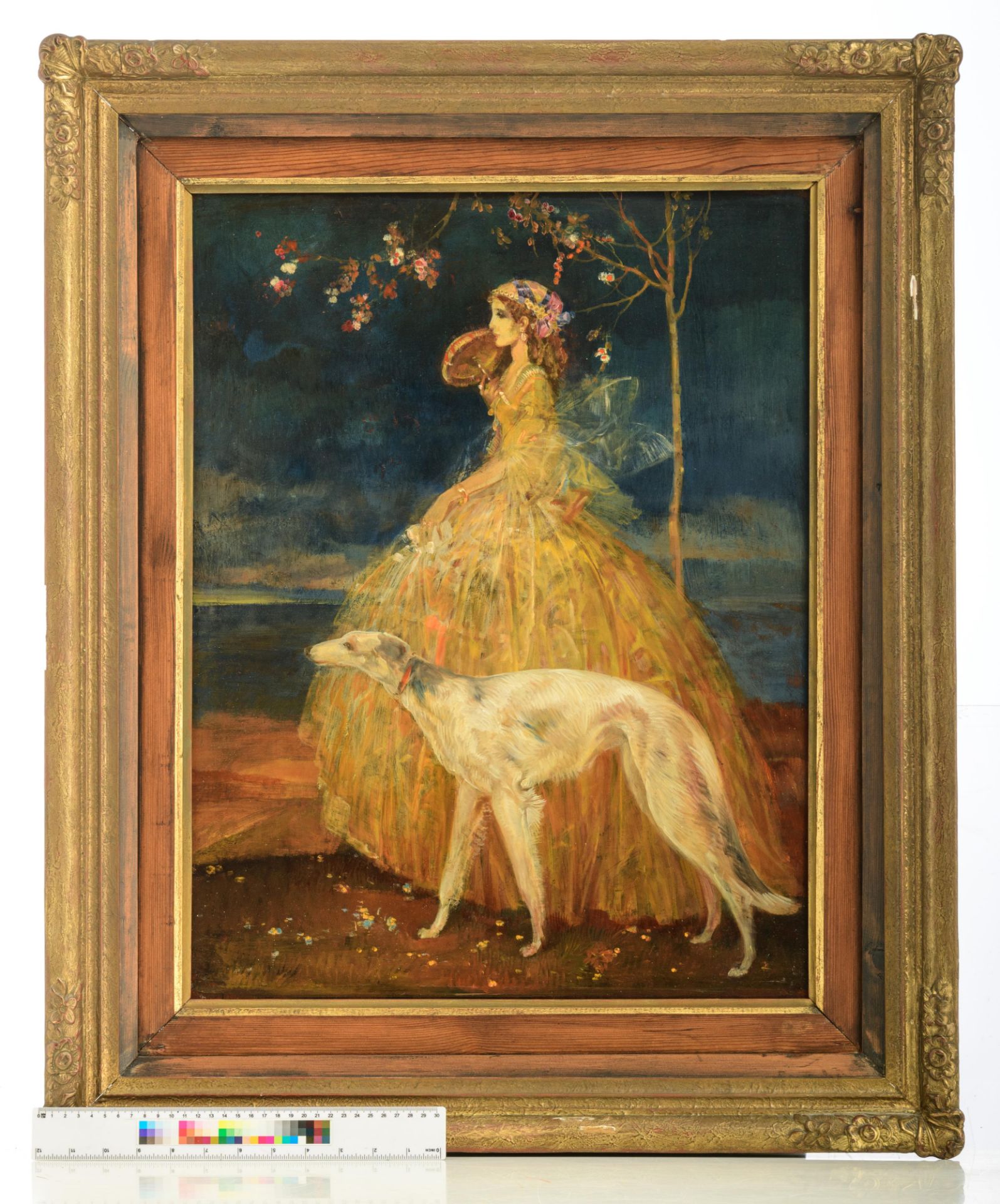 Van Belle K., a well-dressed lady with her dog in the night, oil on hardboard, 50 x 62 cm. Added: In - Image 9 of 9