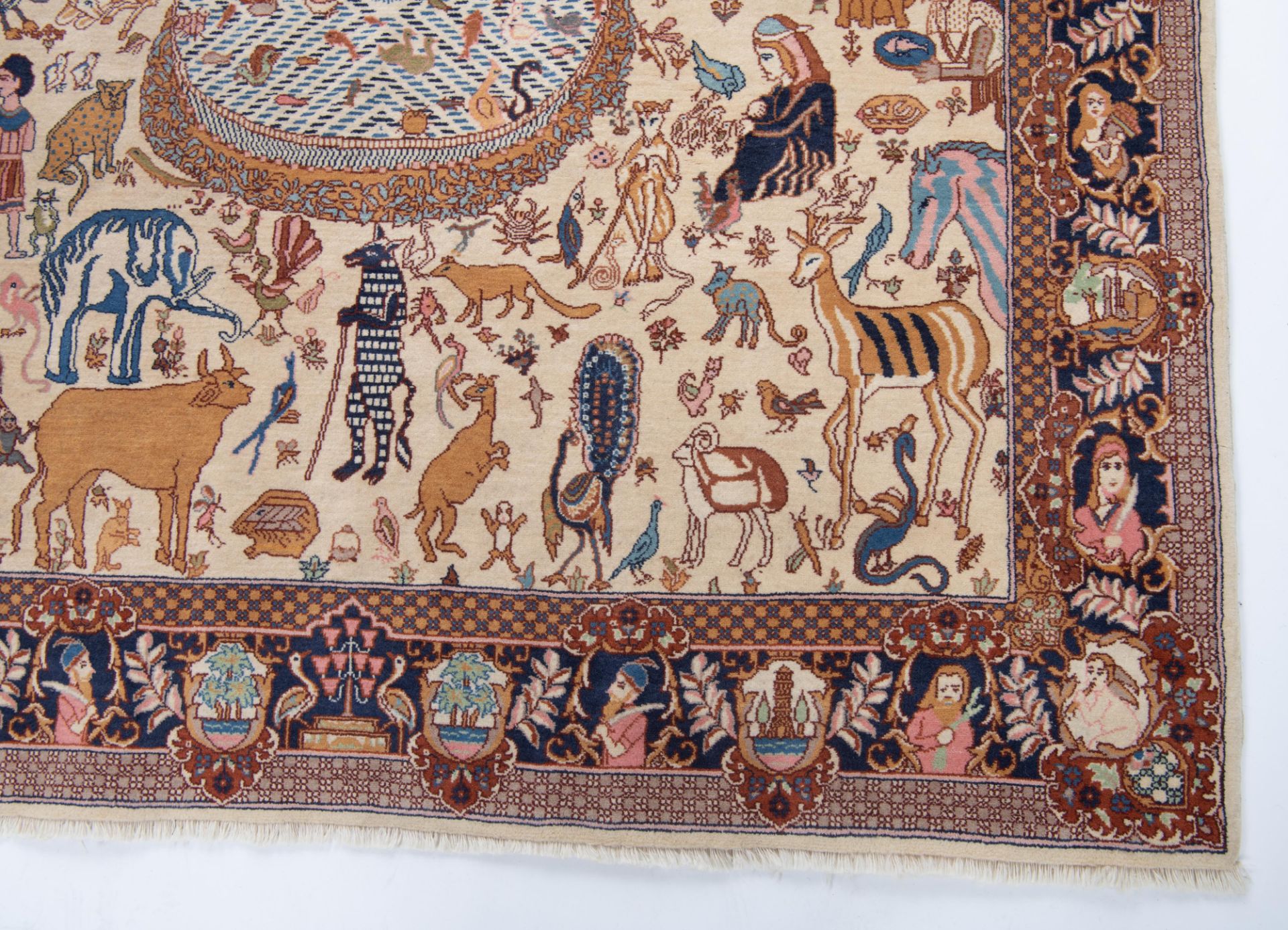 An Oriental rug depicting in the centre a procession surrounded by exotic and mythical animals, 249 - Bild 9 aus 11