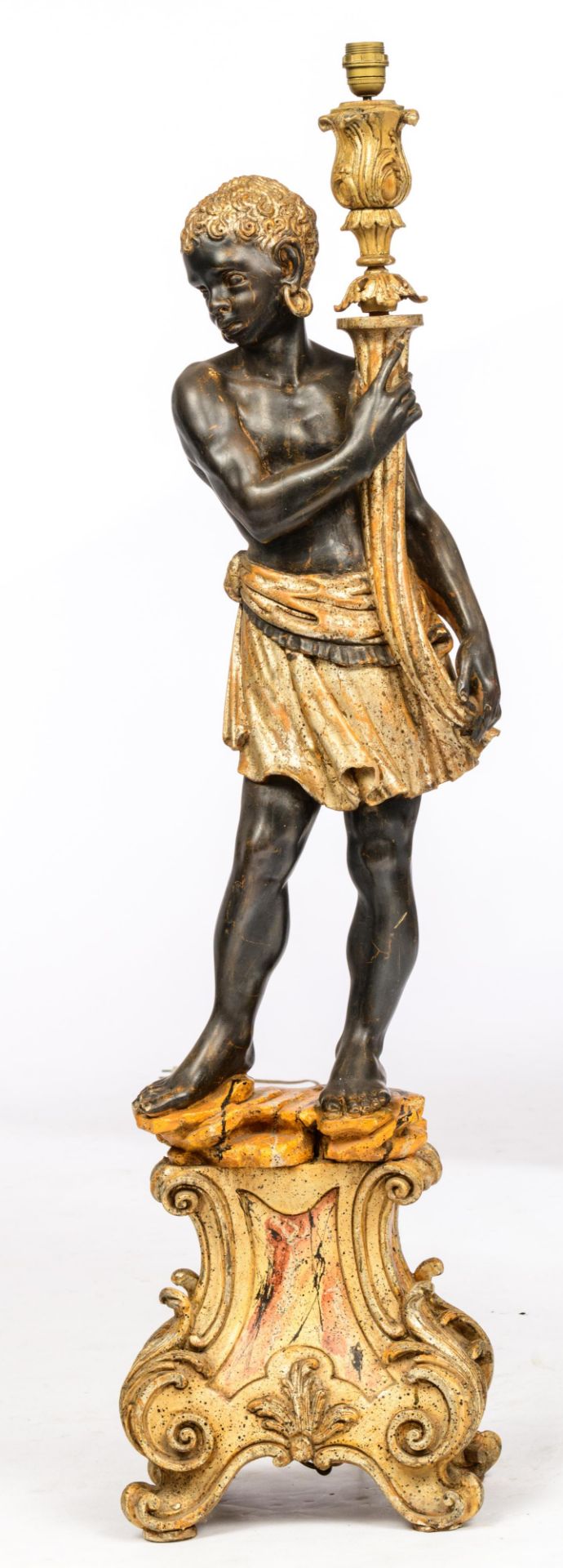 A polychrome and gilt painted blackamoor figure, holding a lamp, H 140 - 173 - W 35 cm - Bild 2 aus 6