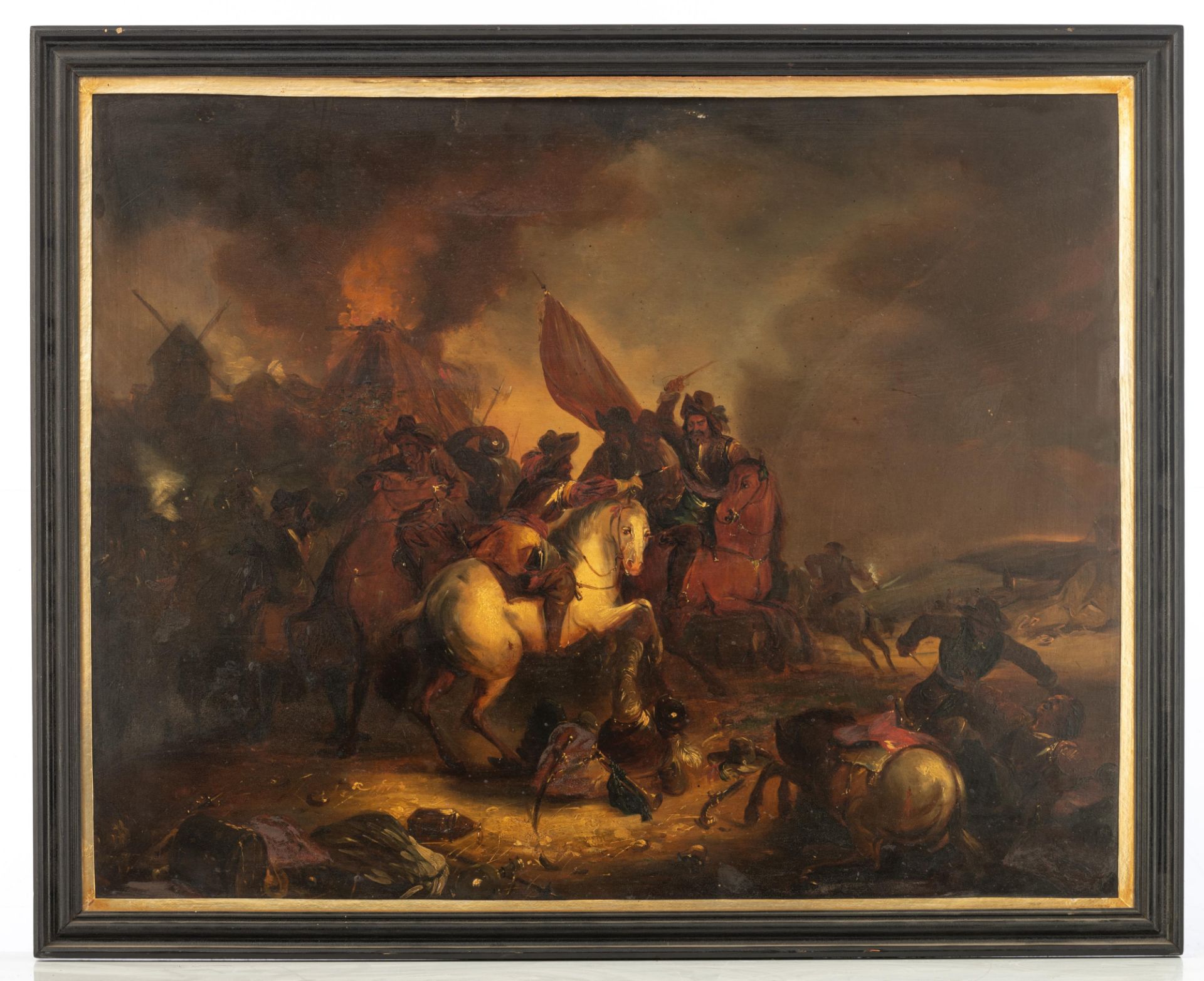 No visible signature, the heat of the battle, 19thC, oil on panel, 62 x 79 cm - Image 2 of 8