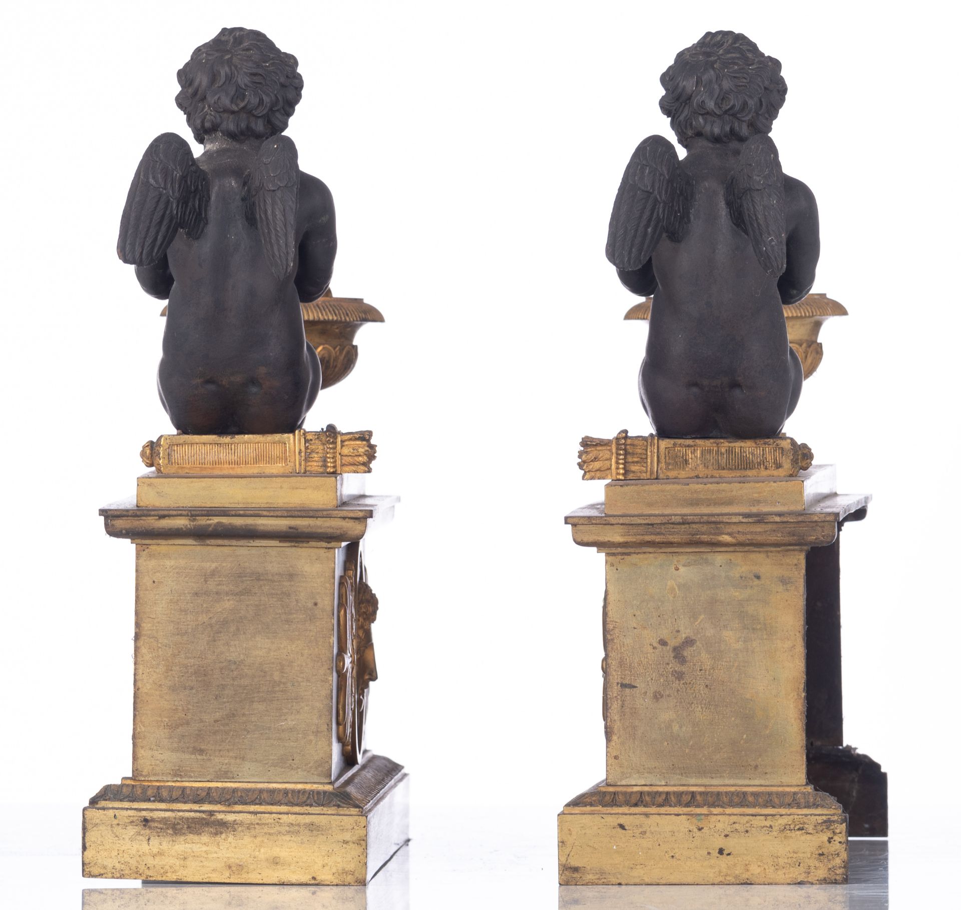 A pair of gilt and patinated Empire style chenets and andirons, the chenets decorated with female ma - Image 4 of 11