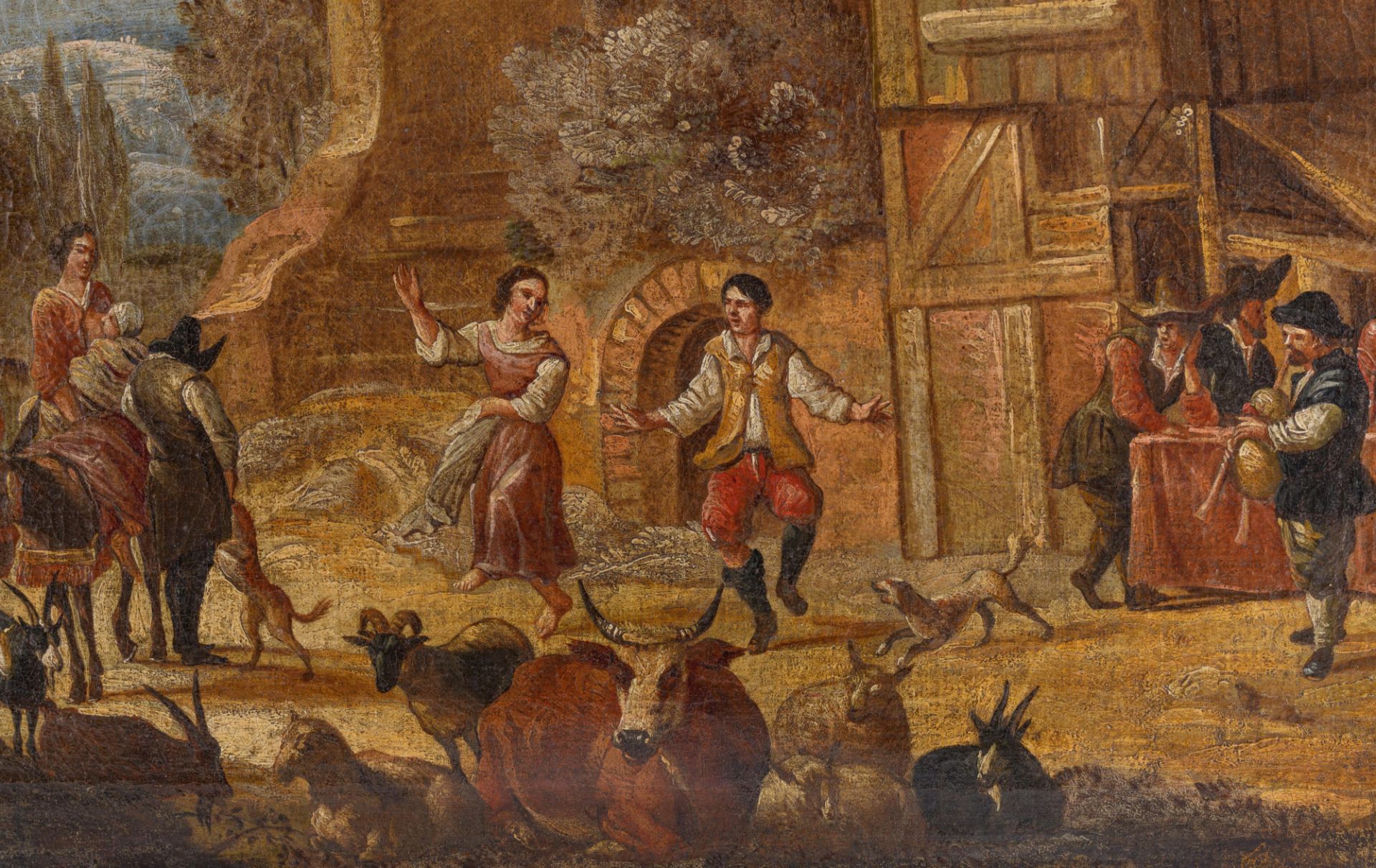 No visible signature, dancing shepherds before an inn, 17thC, oil on canvas, 96 x 115 cm - Bild 6 aus 8