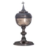 A silver and gilt silver ciborium, no visible hallmarks but tested on silver purity, H 41 cm, total