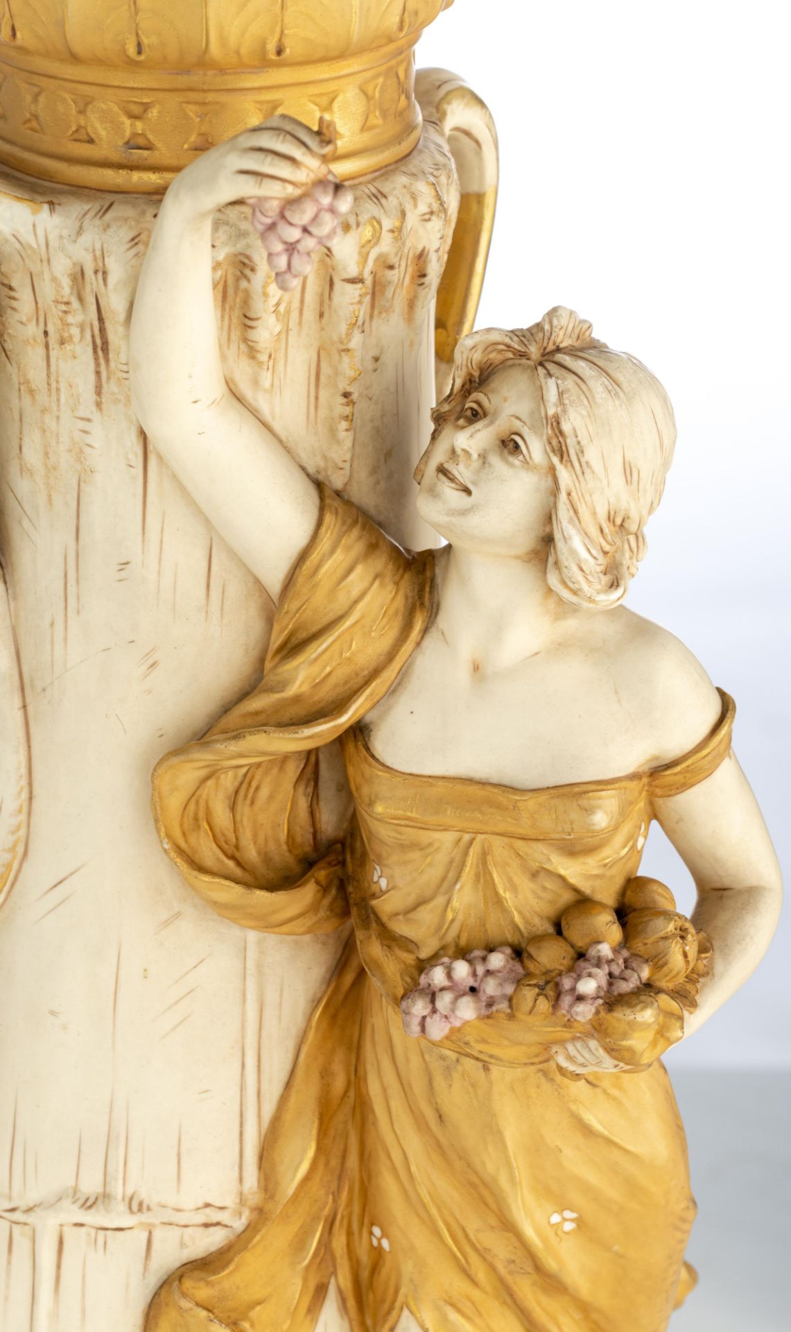 A fine and large Art Nouveau Royal Dux vase, relief decorated with a beauty enjoying a bunch of grap - Image 8 of 9