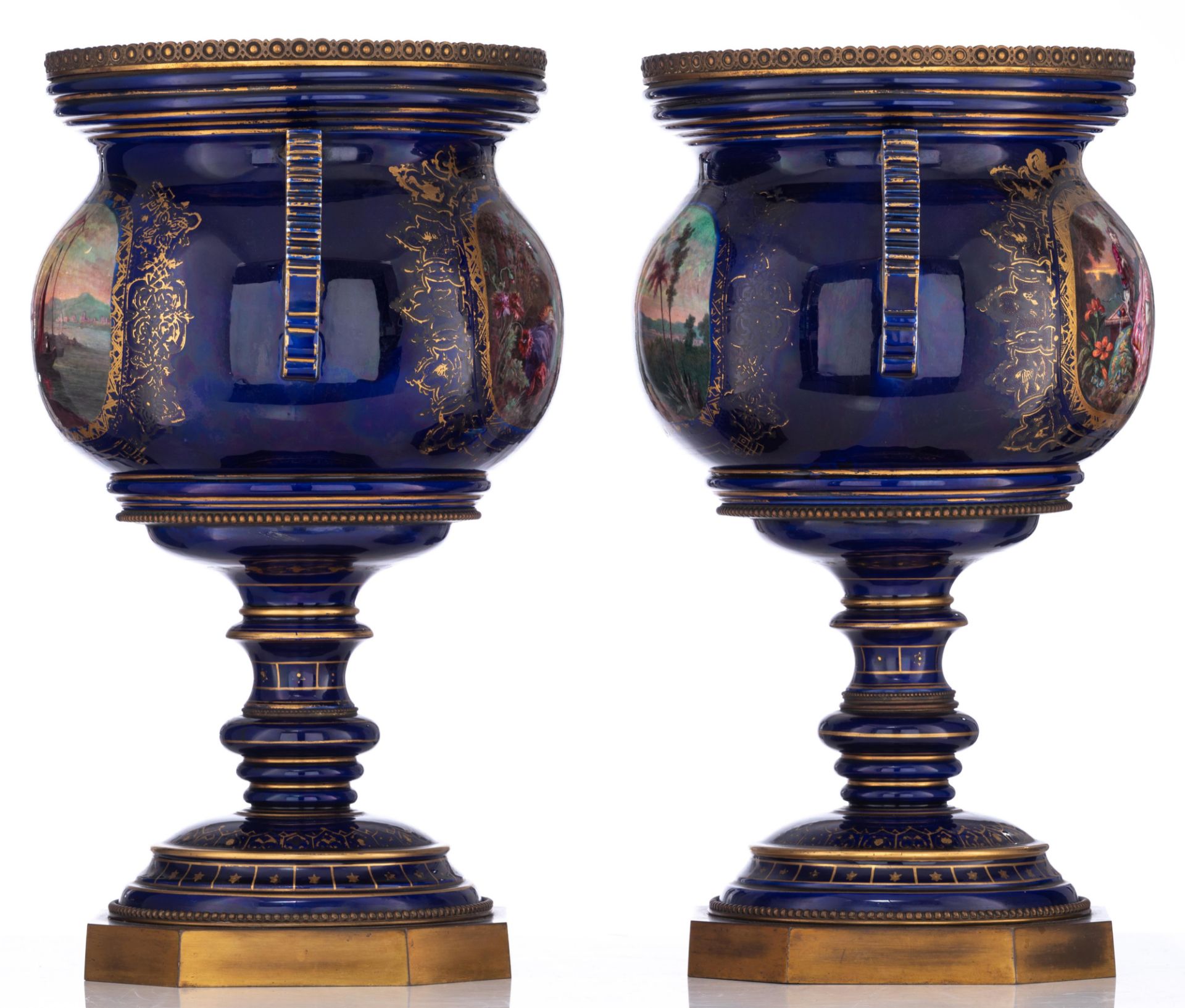 A pair of bleu royale ground SŠvres vases with brass mounts, the roundels polychrome decorated with - Image 4 of 13