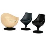 A beige 'Mars' lounge chair and a pair of black and blue 'Polaris' chairs, with leather upholstery,