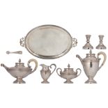 A German four-piece Neoclassical silver 925/000 coffee and tea set with ivory handles, on a matching