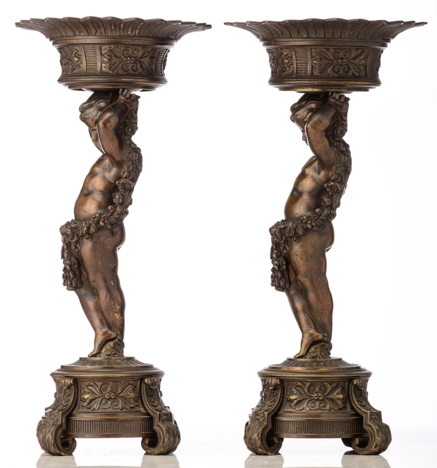 A pair of bronze urns, decorated with putti and garlands, H 40 cm - Image 2 of 11