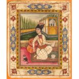 A Persian 19thC gouache painting on paper depicting an elegantly dressed Qajar youth holding a pen a