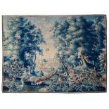 An 18thC verdure wall tapestry depicting peacocks, parrots and other birds in a landscape setting, w