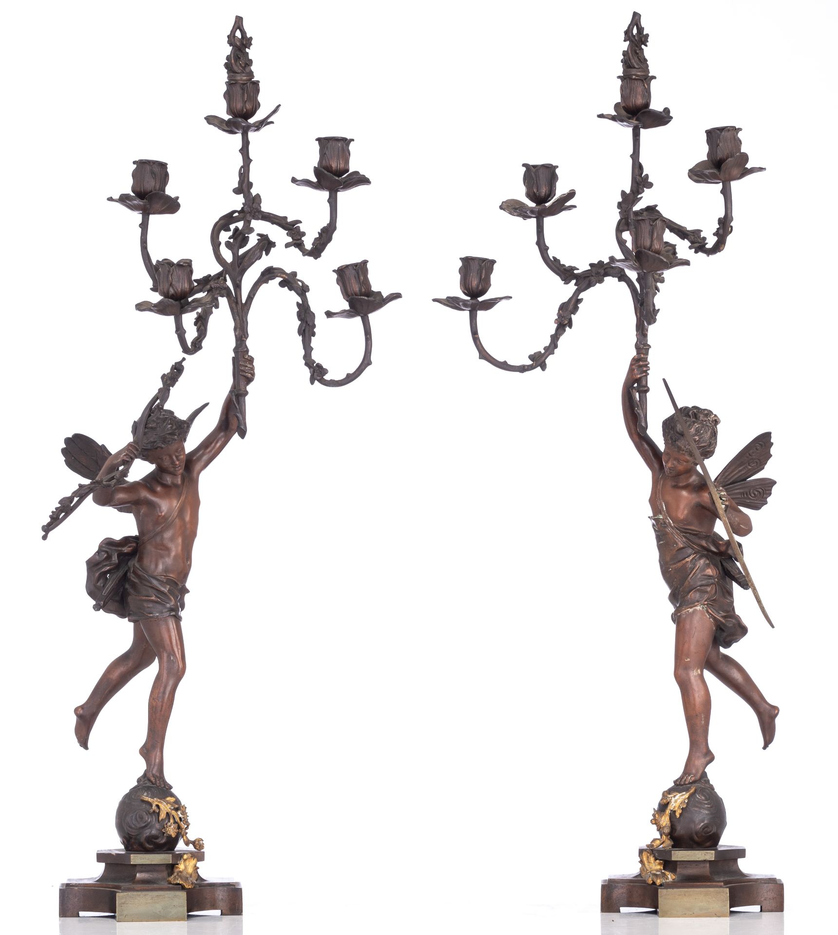 Rancoulet E., a pair of patinated bronze candelabras, titled 'La Nuit tout Repose' and 'Retour du Pr - Bild 2 aus 17