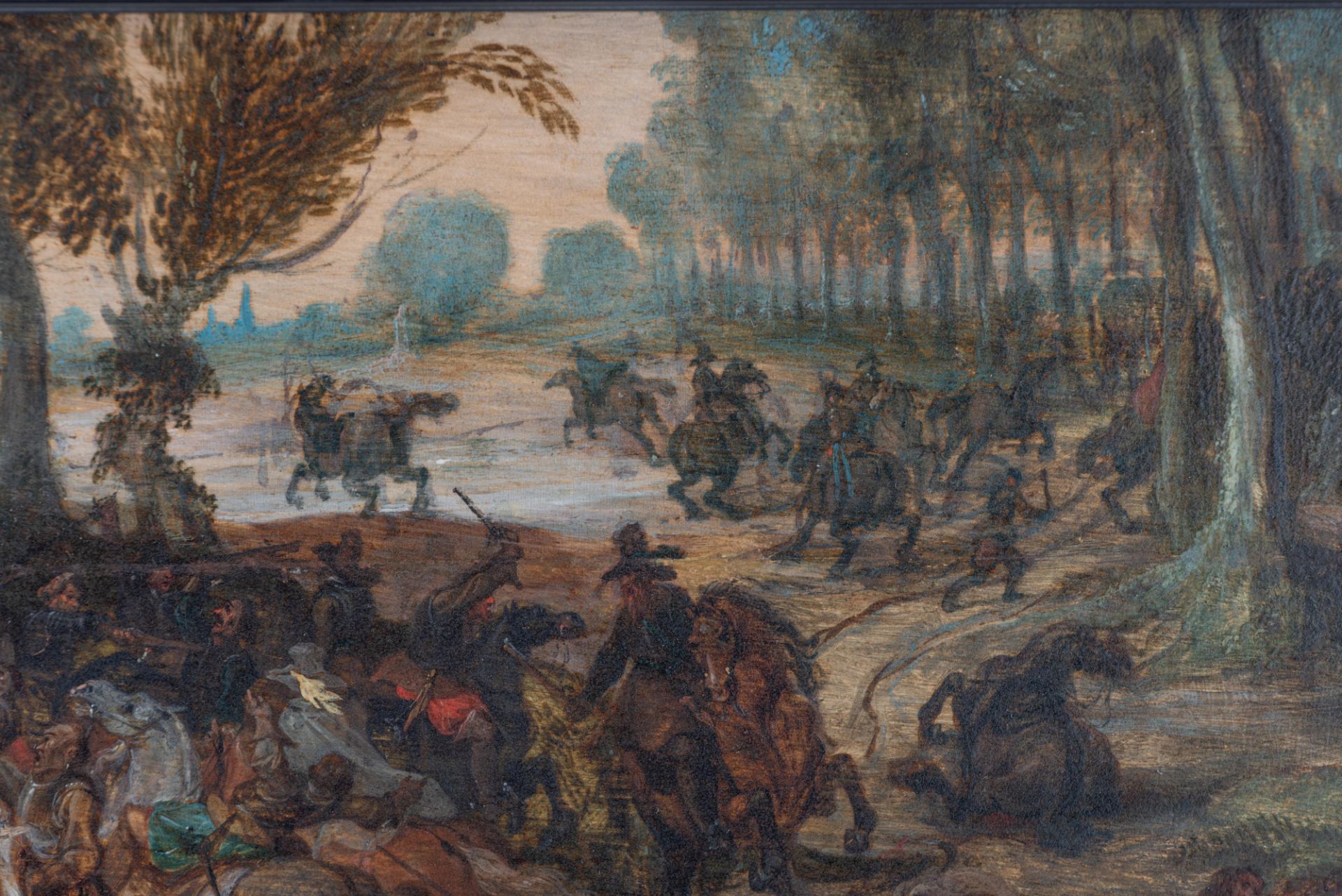 Attributed to/the circle of Vrancx S., a battle scene, oil on panel, 17thC, 25,5 x 36 cm - Image 4 of 13