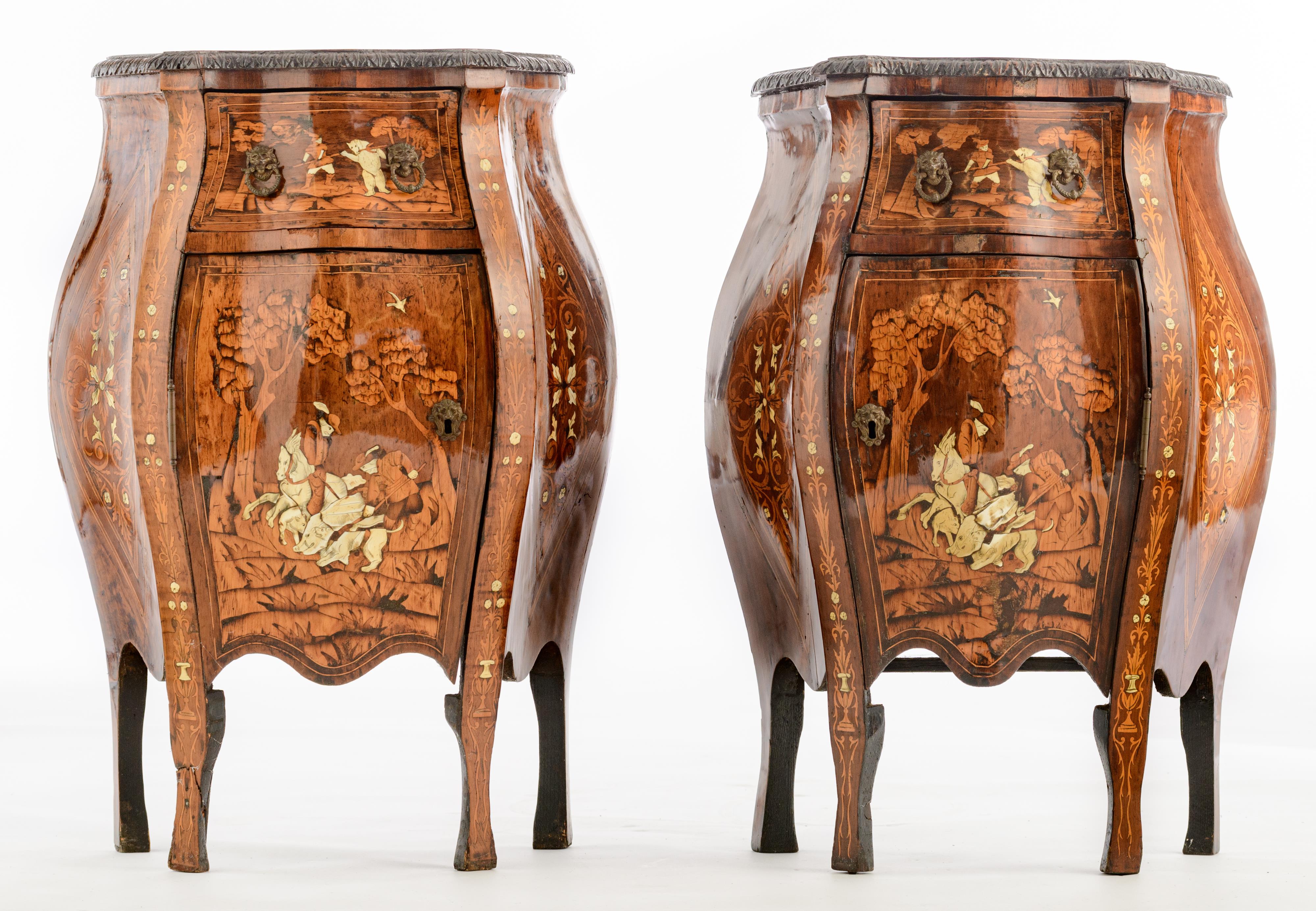 An exceptional pair of walnut veneered probably Italian Rococo side cabinets, decorated with marquet - Image 2 of 12