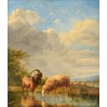 Ommeganck B., the shepherd and his resting flock near the pond, oil on an oak panel, 36 x 40,5 cm