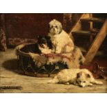 Vanden Eycken Ch., three dogs sitting on a drum, dated 1906, oil on canvas, 34,5 x 45,5 cm