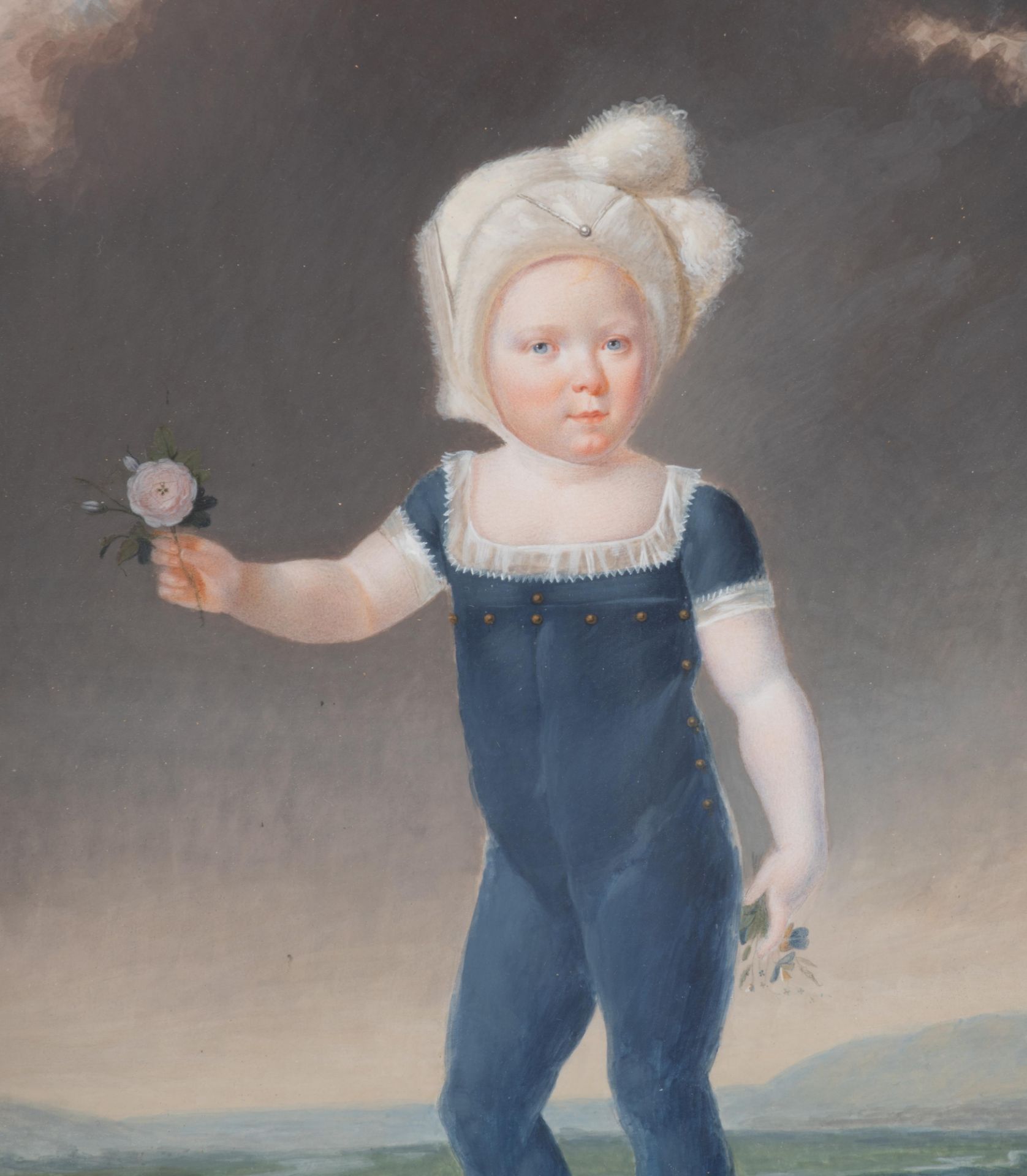 No visible signature, a child holding a flower, late 18thC / early 19thC, watercolour on cardboard, - Bild 4 aus 6