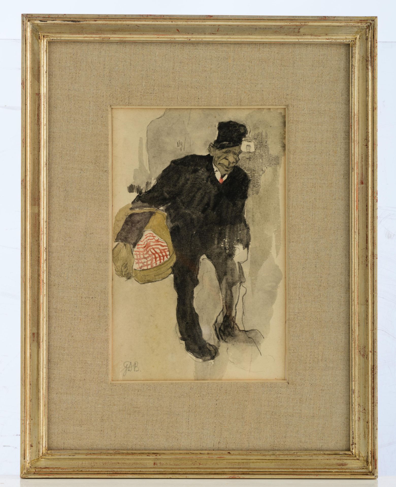 Monogrammed J.D.B. (Jules De Bruycker), a male figure holding a basket, pencil and watercolour on pa - Bild 2 aus 6