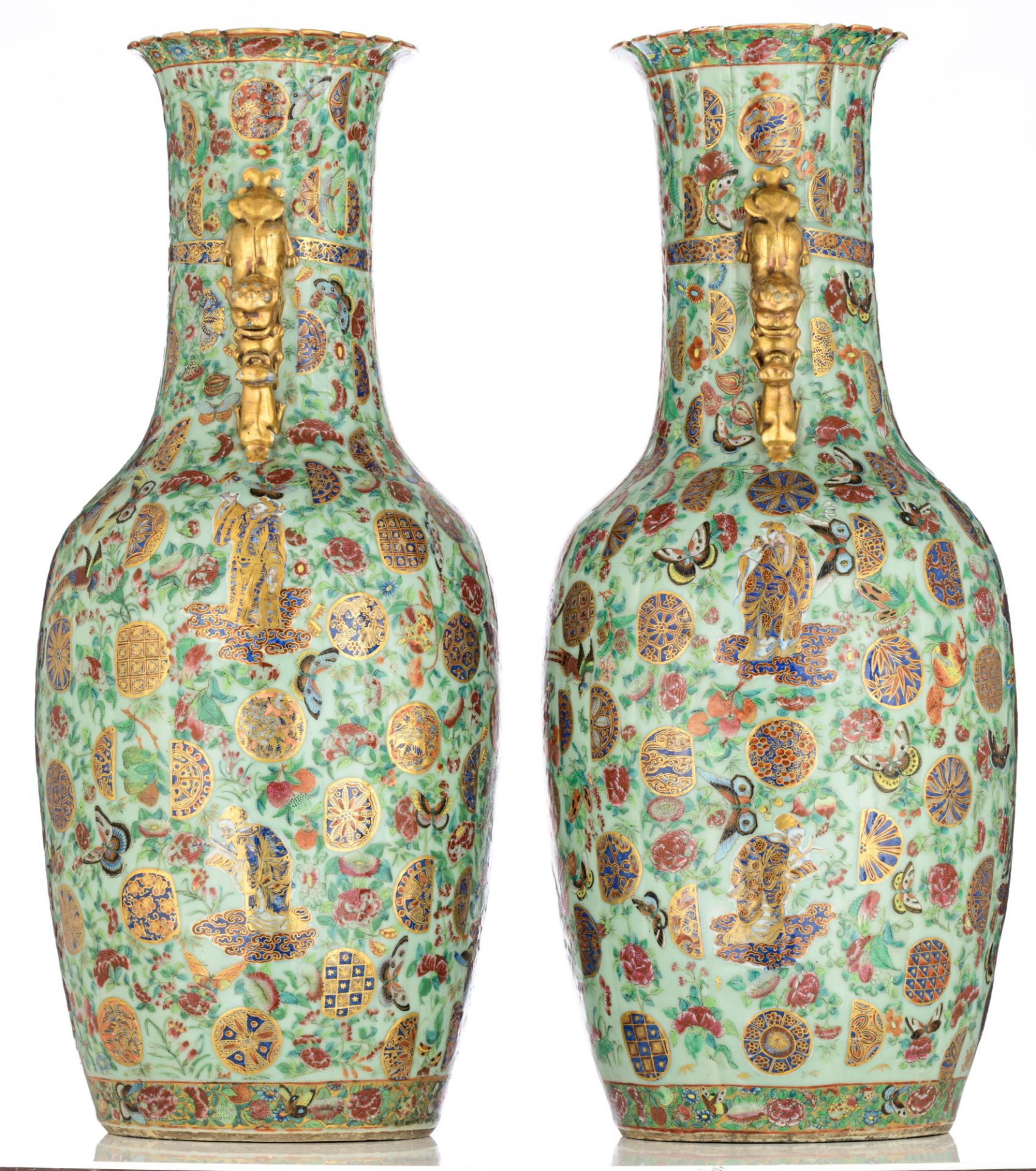 A pair of Chinese Canton famille rose on celadon ground vases, all over decorated with the Eight Imm - Bild 2 aus 21