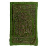 A rectangular heavily silver thread on green (cotton) embroidered key bag dated 1328 AH (1910), the